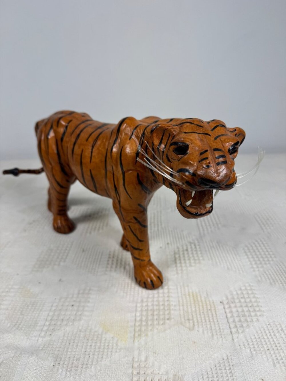 Vintage Leather Tiger Figure w Whiskers Mid Century Global Home Or Office Decor